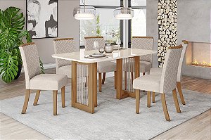 Conjunto de Mesa Yara 160cm c/ Vidro e Cantos Redondos + 06 Cadeiras Malu Linho - Móveis Henn