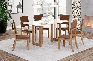 Conjunto de Mesa Yara 160cm c/ Vidro + 06 Cadeiras Milla Plus Corano Caramelo - Móveis Henn