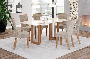 Conjunto de Mesa Yara 180cm c/ Vidro e Canto Redondo + 06 Cadeiras Esther Creme - Móveis Henn