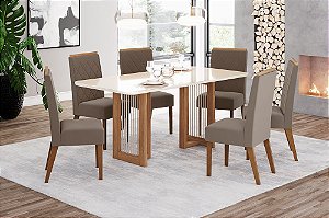 Conjunto de Mesa Yara 180cm c/ Vidro e Cantos Redondos + 06 Cadeiras Nina Marrom Amendoa - Móveis Henn