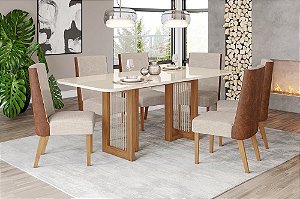 Conjunto de Mesa Yara 200cm c/ Vidro e Cantos Redondos + 06 Cadeiras Anne Corano Caramelo / Linho - Móveis Henn