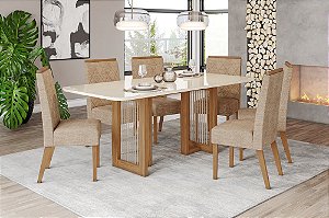 Conjunto de Mesa Yara 200cm c/ Vidro e Cantos Redondos + 06 Cadeiras Nina Creme - Móveis Henn