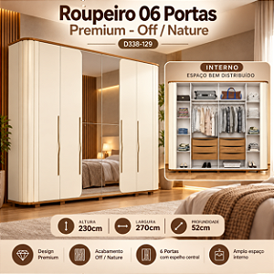 Roupeiro 270cm 06 Portas Premium - Ref. D338-129 - Off White/Nature - Moveis Henn