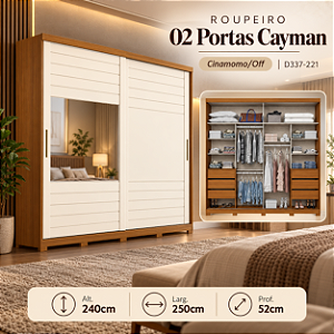 Roupeiro 250cm 02 Portas Cayman 100% MDF c/ Espelho - Ref. D337-221 - Cinamomo/Off White - Móveis Henn