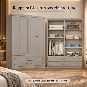 Roupeiro 159cm 04 Portas Americano - Ref. I113-131 - Cinza - Móveis Henn