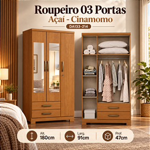 Roupeiro 91cm 03 Portas 02 Gavetas Açai c/ Espelho - Ref. DA133-214 - Cinamomo - Moveis Henn