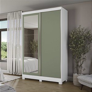 Roupeiro 02 Portas de Correr 02 Gavetas c/ Pé e Espelhos - Ref. CB01N571 - Branco/Nogueira-Verde - Móveis Kappesberg