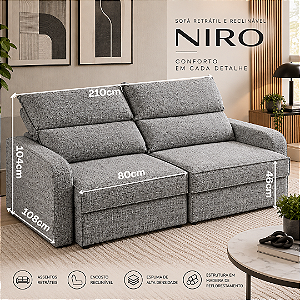 Sofá Retratil e Reclinável Niro 210cm - Estofados Rincão