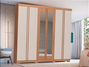 Roupeiro 06 Portas Eros 100% MDF com Espelho - 3450M - Cedro/Branco - Moveis Castro
