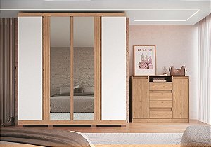 Roupeiro 04 Portas Jasper 100% MDF c/ Espelho - 3270M - Angelin/Branco - Moveis Castro