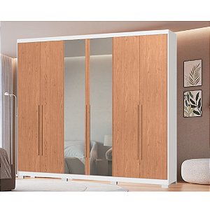 Roupeiro 06 Portas Brescia com Espelho - 3387A - Branco/Cedro - Moveis Castro