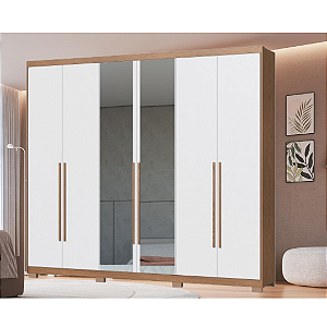 Roupeiro 06 Portas Brescia com Espelho - 3387A - Cedro/Branco - Moveis Castro