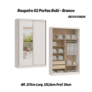 Roupeiro 02 Portas de Correr Rubi c/ Espelho P - 3927A - Branco - Moveis Castro
