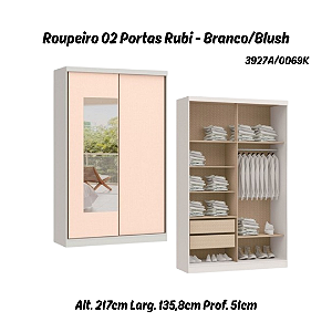 Roupeiro 02 Portas de Correr Rubi c/ Espelho P - 3927A - Branco/Blush - Moveis Castro