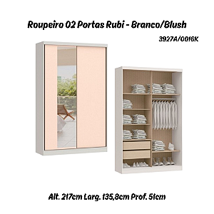 Roupeiro 02 Portas de Correr Rubi c/ Espelho G - 3927A - Branco/Blush - Moveis Castro