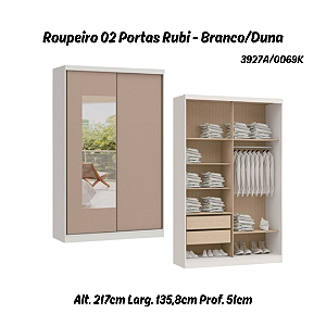 Roupeiro 02 Portas de Correr Rubi c/ Espelho P - 3927A - Branco/Duna - Moveis Castro