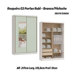 Roupeiro 02 Portas de Correr Rubi c/ Espelho P - 3927A - Branco/Pistache - Moveis Castro