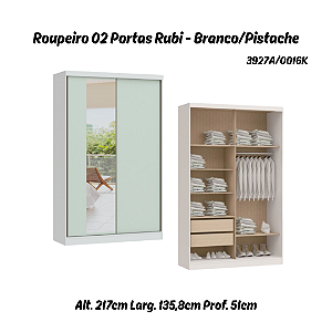 Roupeiro 02 Portas de Correr Rubi c/ Espelho G - 3927A - Branco/Pistache - Moveis Castro