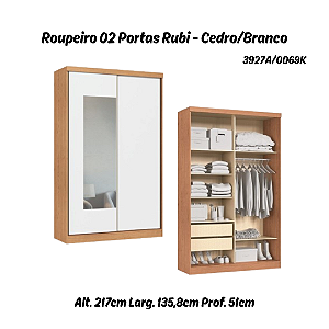 Roupeiro 02 Portas de Correr Rubi c/ Espelho P - 3927A - Cedro/Branco - Moveis Castro