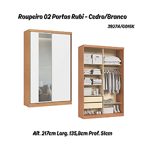 Roupeiro 02 Portas de Correr Rubi c/ Espelho G - 3927A - Cedro/Branco - Moveis Castro