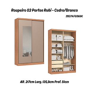 Roupeiro 02 Portas de Correr Rubi c/ Espelho P - 3927A - Cedro/Duna - Moveis Castro