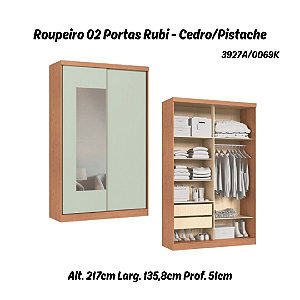Roupeiro 02 Portas de Correr Rubi c/ Espelho P - 3927A - Cedro/Pistache - Moveis Castro