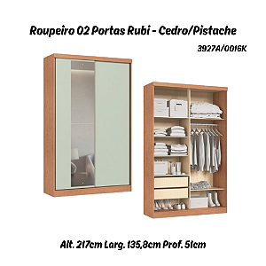 Roupeiro 02 Portas de Correr Rubi c/ Espelho G - 3927A - Cedro/Pistache - Moveis Castro