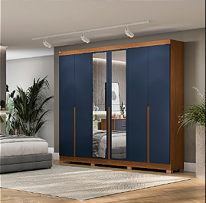 Roupeiro 06 Portas 04 Gavetas 100% MDF c/ Pés e Espelho - Ref. CB01R582 - Canela/Azul - Kappesberg