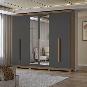 Roupeiro 06 Portas 03 Gavetas c/ Pés e Espelhos - Ref. CB01T580 - Canela/Grafite - Kappesberg