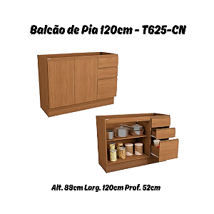 Balcão 02 Portas 03 Gavetas 120cm - Ref. T625 - Canela - Linha Vibra - Kappesberg