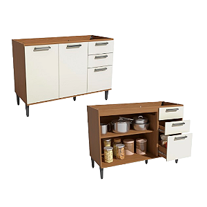 Balcão 02 Portas 03 Gavetas - Ref. T722 - Canela/Off White - Linha Linna - Kappesberg