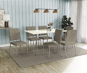 Conjunto de Mesa Constanza 160cm + 06 Cadeiras Genebra Niquel Cor Bege - Kappes Crome