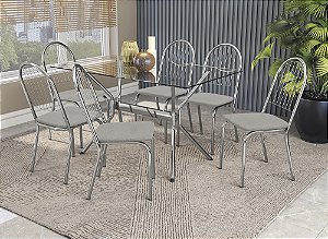 Conjunto de Mesa Loire 150 + 06 Cadeiras Noruega Cromado Cor Boucle Cinza - Kappes Crome