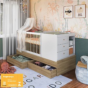 Berço Cama Multifuncional c/ Gavetão - Avieiro/Branco - Completa Móveis