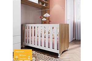 Berço c/ Rodizios e Colchão - Linha Aconchego - Nogal/Branco - Completa Móveis