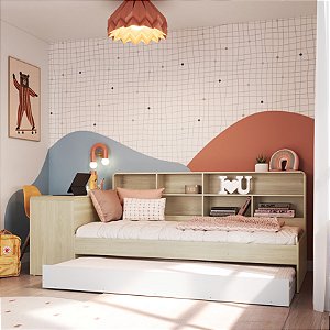 Cama Juvenil c/ Auxiliar, Escrivaninha e Estante - Carvalho/Branco - Completa Móveis