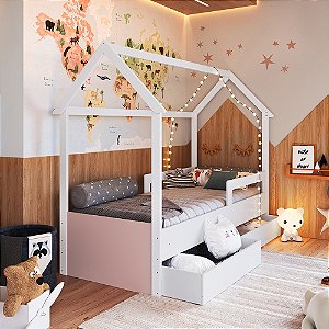 Cama Montessoriana c/ Gavetões - Branco / Rosa - Completa Móveis