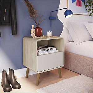 Mesa de Cabeceira 01 Gaveta - Carvalho/Bege - Completa Moveis