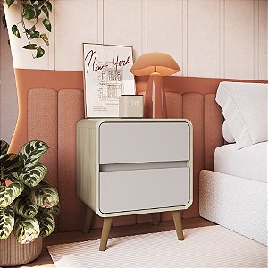 Mesa de Cabeceira 02 Gavetas - Carvalho/Bege - Completa Móveis