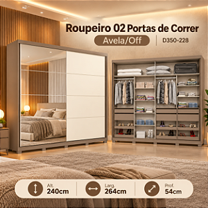 Roupeiro 264cm 02 Portas Deslizantes Dream 100% MDF - D350-228 - Avelã / Off White - Móveis Henn