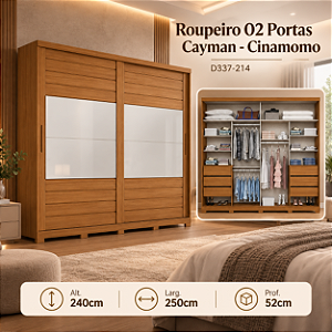 Roupeiro 250cm 02 Portas Cayman 100% MDF c/ Espelho - Ref. D337-214 - Cinamomo - Móveis Henn