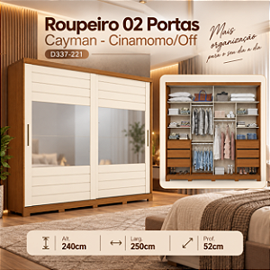 Roupeiro 250cm 02 Portas Cayman 100% MDF c/ Espelho - Ref. D337-221 - Cinamomo/Off White - Móveis Henn