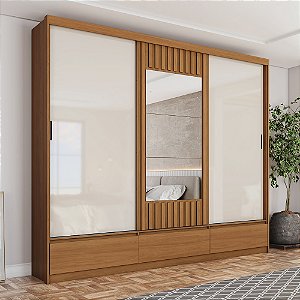 Roupeiro 03 Portas Deslizantes Delvin - D349-226 - Cinamomo/Off ou Avelã - Móveis Henn