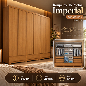 Roupeiro 260cm 06 Portas Imperial 100% MDF - D344-214 - Cinamomo - Moveis Henn