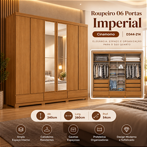 Roupeiro 260cm 06 Portas Imperial 100% MDF c/ Espelho - D344-214 - Cinamomo - Moveis Henn