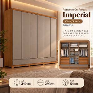 Roupeiro 260cm 06 Portas Imperial 100% MDF - D344-220 - Cinamomo / Avelã - Moveis Henn