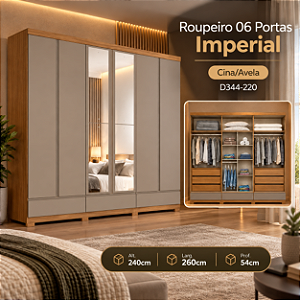 Roupeiro 260cm 06 Portas Imperial 100% MDF c/ Espelho - D344-220 - Cinamomo/Avelã - Moveis Henn