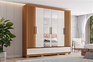 Roupeiro 06 Portas Kaian com Espelho - D347-221 - Cinamomo/Off White - Móveis Henn