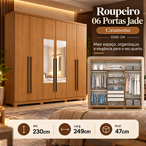 Roupeiro 249cm 06 Portas Jade c/ Espelho - D345-214 - Cinamomo - Móveis Henn