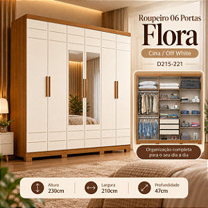 Roupeiro 210cm 06 Portas Flora - D215-221 - Cinamomo/Off White - Móveis Henn